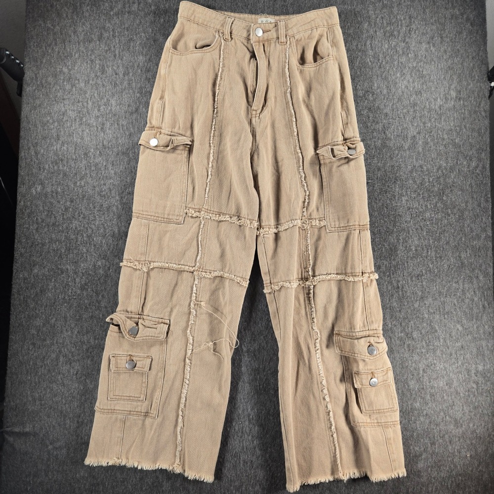 POL Wide Leg Cargo Pants Womens‎ Size S Tan Raw Hem Exposed Seams Boho Festival